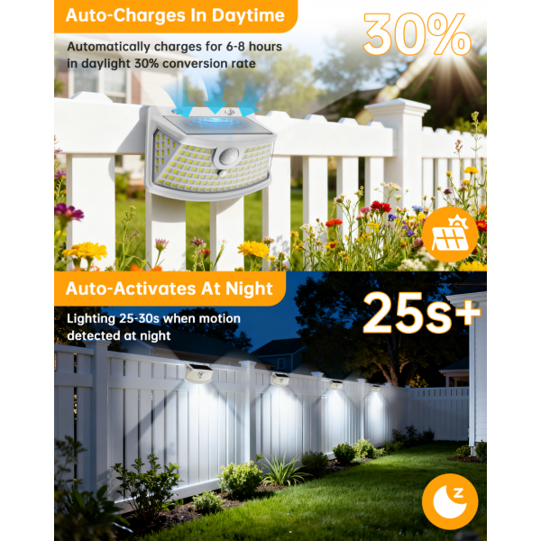 Aootek New Solar Motion Sensor Lights 120 LEDs with Lights Reflector,270° Wide Angle, IP65 Waterproof, Step Lights for Front Door, Yard, Garage, Deck (White, Daylight White, 4-Pack)