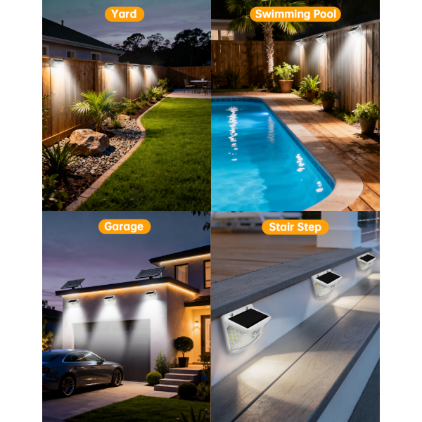 Aootek New Solar Motion Sensor Lights 120 LEDs with Lights Reflector,270° Wide Angle, IP65 Waterproof, Step Lights for Front Door, Yard, Garage, Deck (White, Daylight White, 4-Pack)