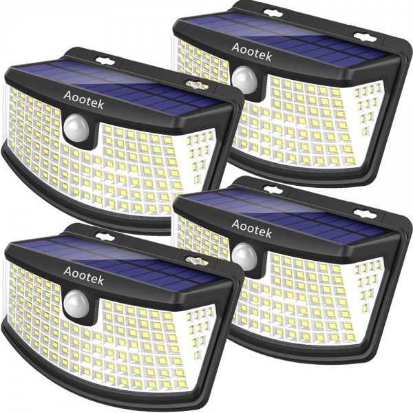 Aootek 238 Led Solar outdoor motion sensor lights upgraded Solar Panel to 15.3 in2 and 3 modes(Security/ Permanent On all night/ Smart brightness control )with IP65 Waterproof with Wide Angle(2pack)